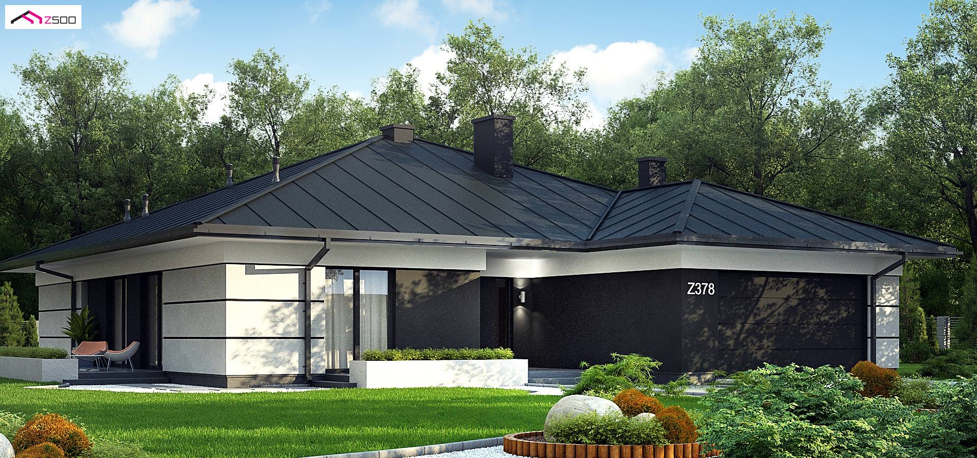 Namo projektas Z378 - Modernus vienaukštis namas su dviviečiu garažu